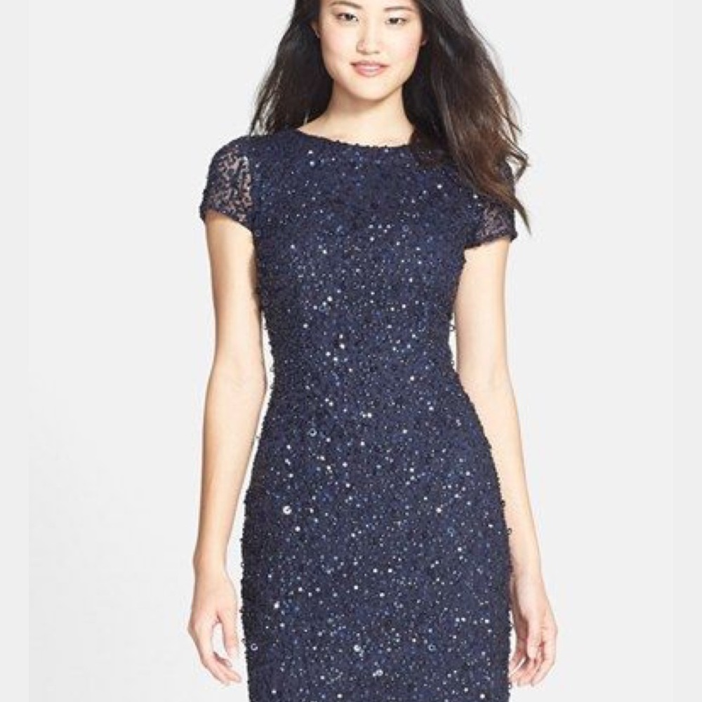 NWT NAVY BLUE SEQUIN ADRIANNA PAPELL DRESS sz 8